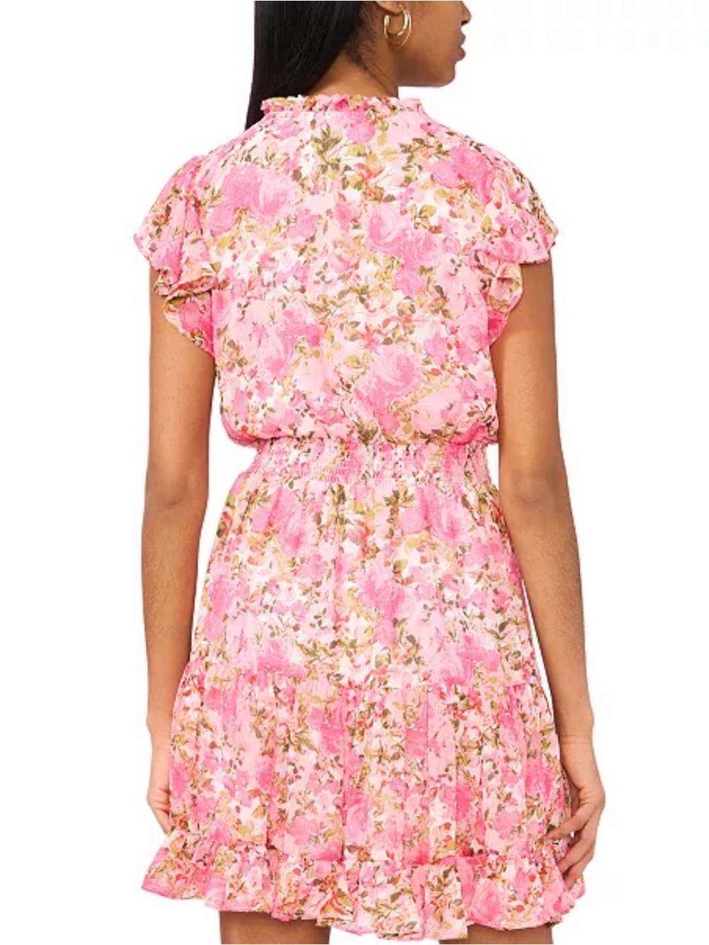 MSK Smocked Waist Tie Crew Neck Dress Pink Floral Ruffle Mini Dress fairycore S - Picture 4 of 12